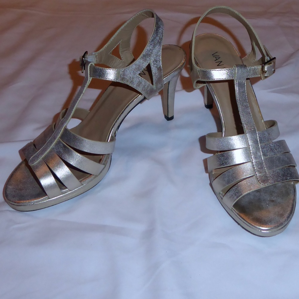 BRUSHED GOLD LEATHER SANDALS HIGH HEELS STRAPPY VAN ELI BUCKLE 3" SHOES 8M 8